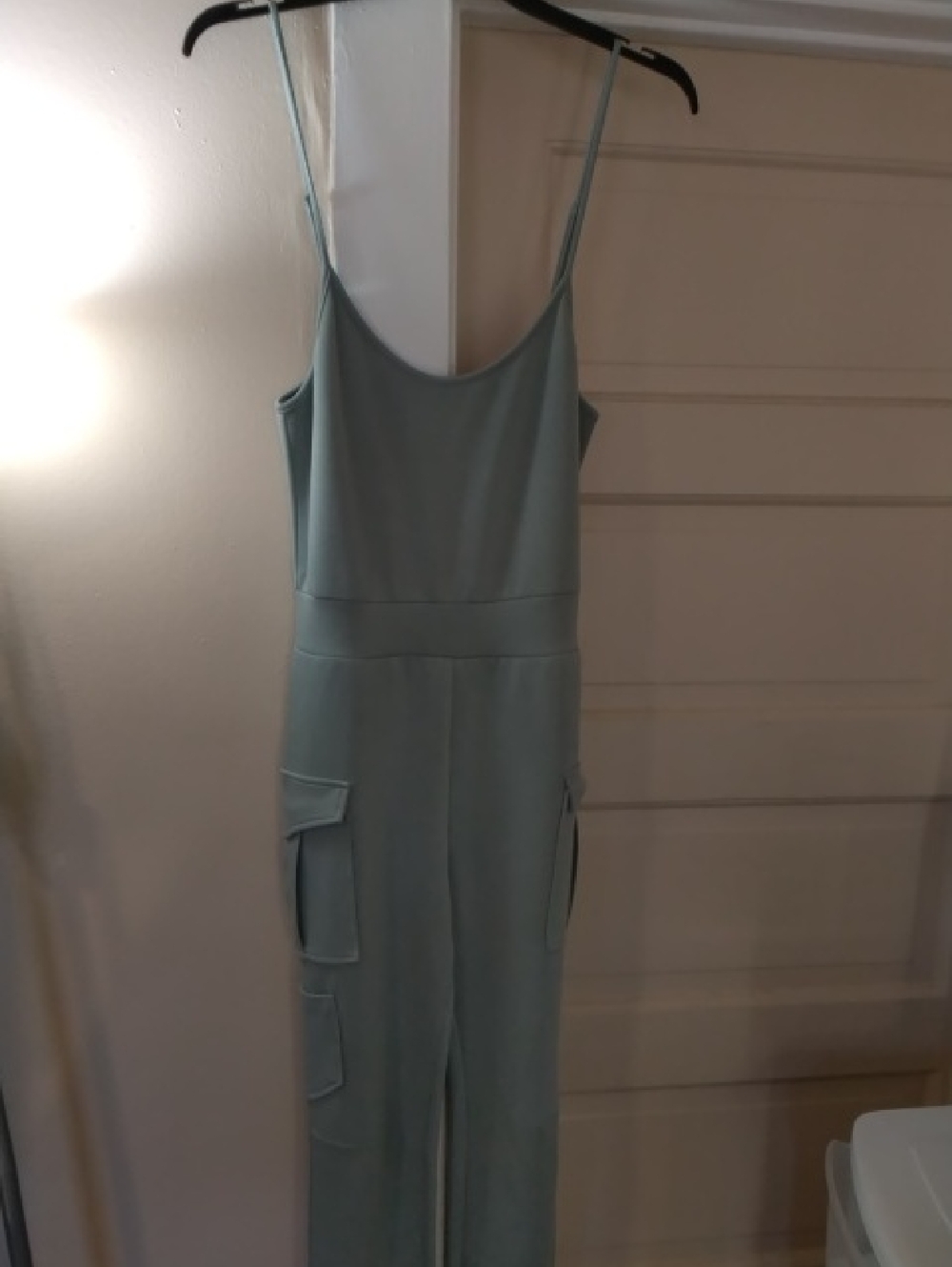 Chocolate Sage Green Spaghetti-Strap Cargo Jumpsuit
